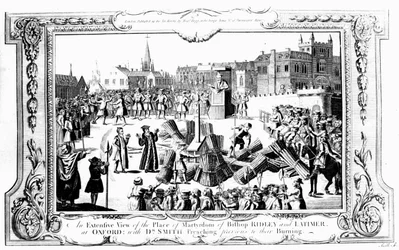 Vista estesa del luogo del martirio del vescovo Ridley (c.1500-55) e Latimer (c.1485-1555) a Oxford con il dottor Smith che predica prima della loro esecuzione